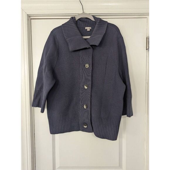 J. Jill chunky Cardigan Sweater women's size XL navy blue wide‎ collar fisherman - Picture 1 of 7